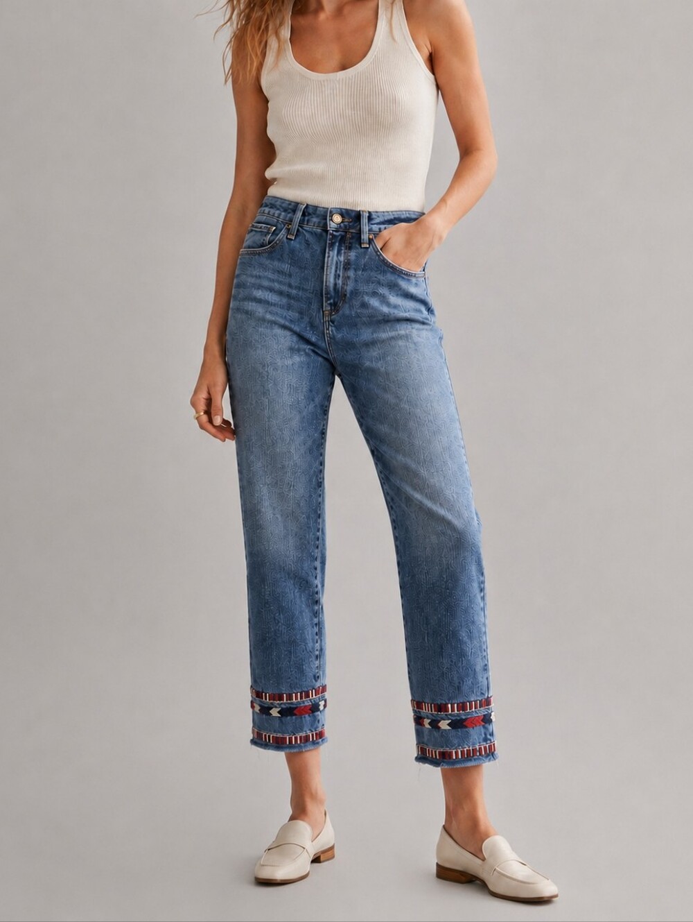 Driftwood Colette Embroidered Cropped Raw Hem Straight Leg Jeans Womens Size 28